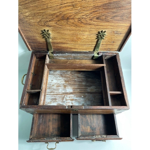 234 - A PEARL MERCHANTS BOX FROM OMAN made from local hardwood with solid brass fittings, two drawers and ... 