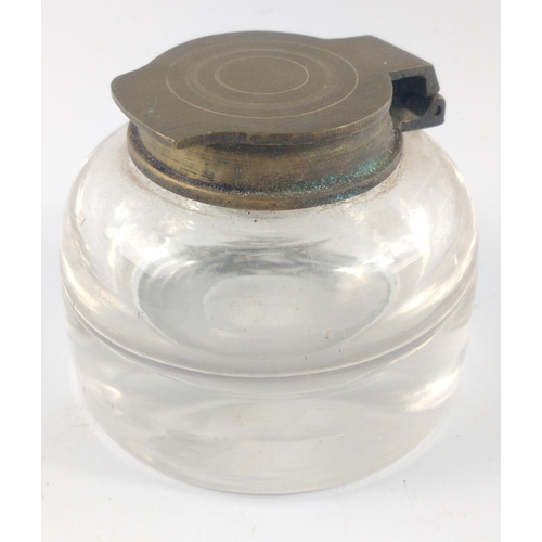 202 - Vintage GLASS INK WELL with brass lid. An object with some weight to it.#243