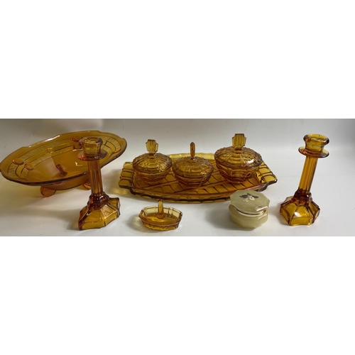 203 - Amber Glass Dressing Table Set in Art Deco Date-Lined Glass (C.1910-C.1939)  dressing table set to i... 