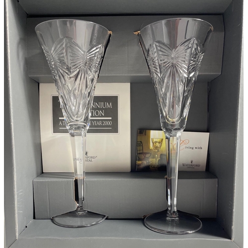 212 - WATERFORD CRYSTAL THE MILLENNIUM COLLECTION TWO LARGE CHAMPAGNE FLUTES in original gifting box. Engr... 