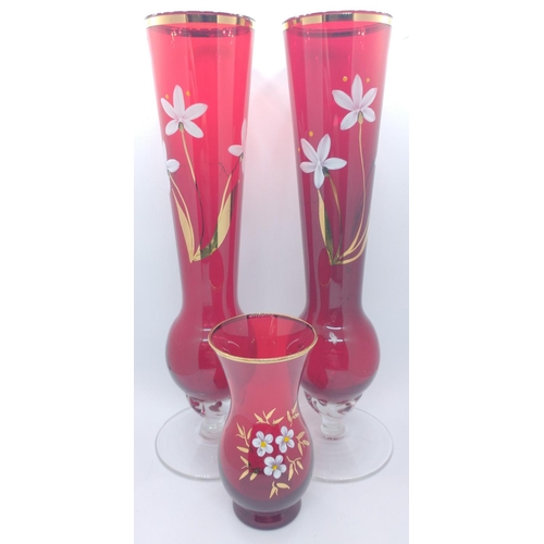 219 - Pair of red fine-glass hand-painted vases (approx. 20cm tall) with small vase (approx. 9cm high)#264... 