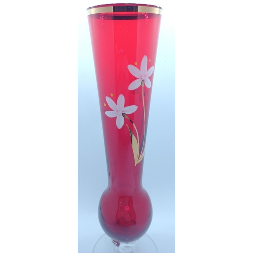 219 - Pair of red fine-glass hand-painted vases (approx. 20cm tall) with small vase (approx. 9cm high)#264... 