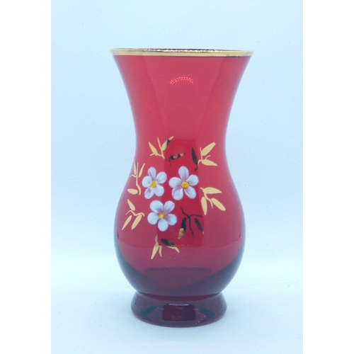 219 - Pair of red fine-glass hand-painted vases (approx. 20cm tall) with small vase (approx. 9cm high)#264... 