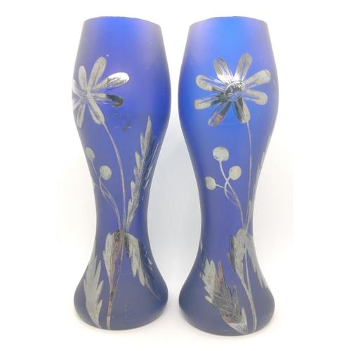 220 - Pair of opaque blue vases with metallic floral design (approx. 18cm high)#265