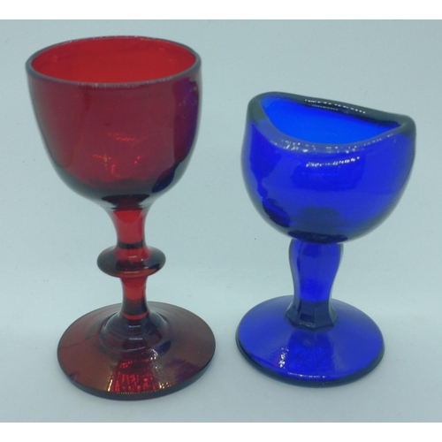 221 - VINTAGE cobalt blue glass EYEWASH BATH stands approx. 7cm tall plus a small red glass 8cm high.#266... 