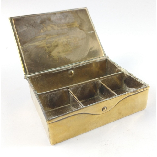 222 - QUALITY Vintage brass box with three sloped sections (stamps?) and a hammered effect top#267