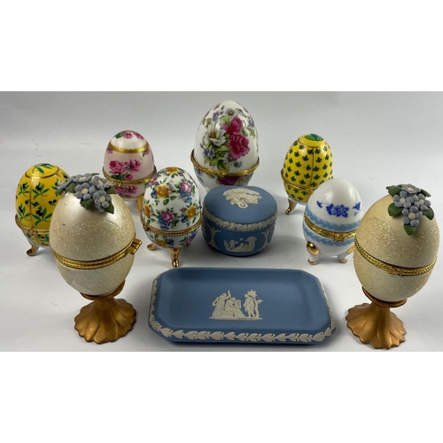 223H - FABERGE...? A quality collection of lidded decorative eggs and two pieces  of JASPERWARE#276