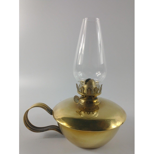 231 - Lovely little OIL LAMP with brass-effect base, approx. 22cm high, chip out of base of chimney.#290... 