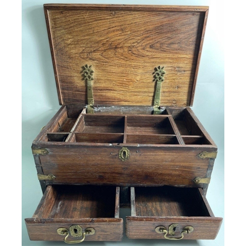 234 - A PEARL MERCHANTS BOX FROM OMAN made from local hardwood with solid brass fittings, two drawers and ... 