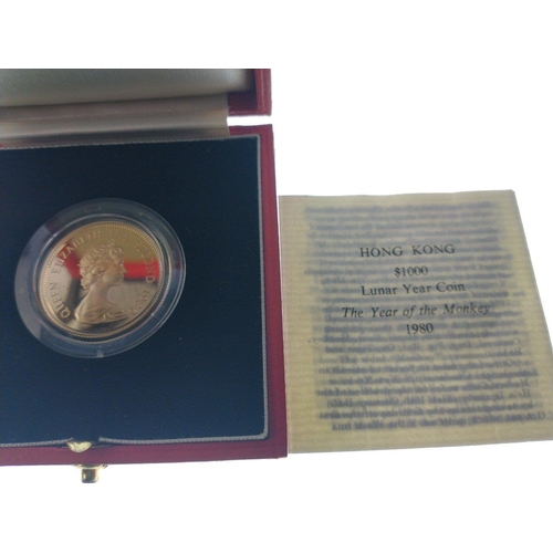 3 - A 1980 HONG KONG $1000 Lunar Year Coin 'The Year Of The Monkey' struck in 22ct yellow gold within it... 