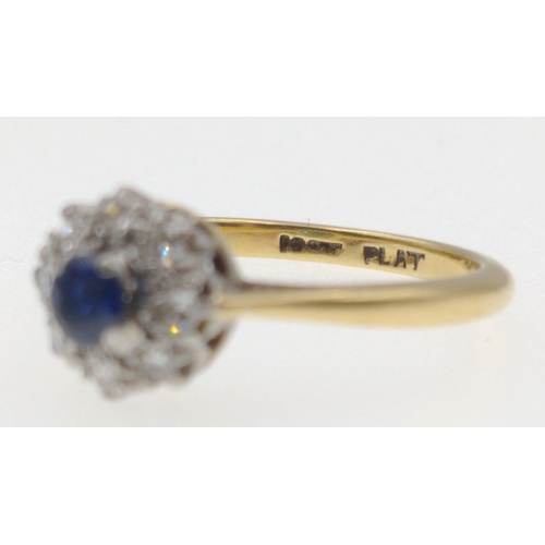 1 - 18ct Stamped Yellow Gold Sapphire and Diamond Cluster [set in plat ] Ring. Size M#1