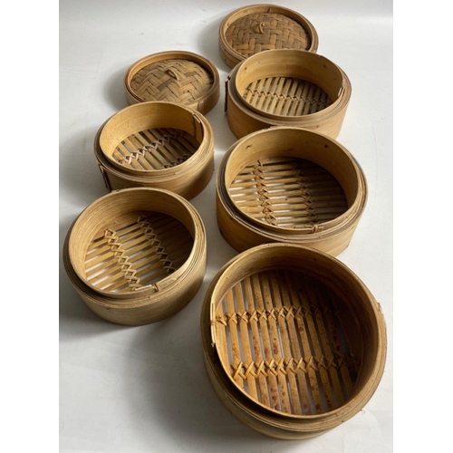 105 - Dim sum anyone? Two sets of bamboo steamers, one 15cm diameter with 2 layers, the other 18cm diamete... 