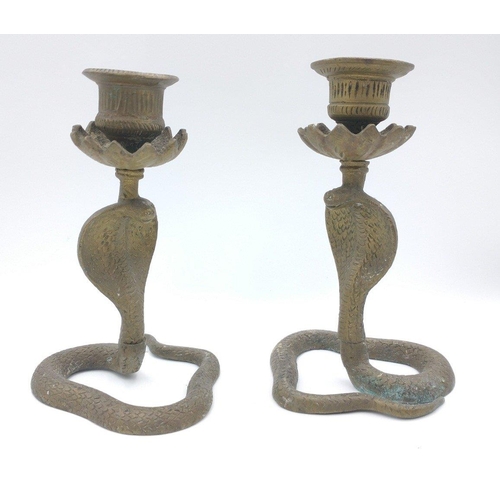 117 - A pair of VICTORIAN  brass COBRA CANDLESTICKS standing approx 14cm high.#129