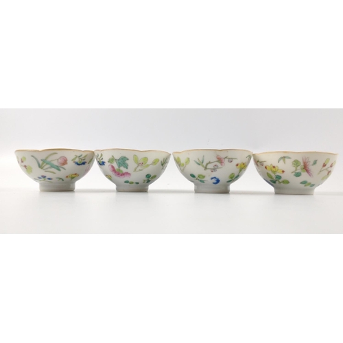 131 - A nice CHINESE highly decorated and hand painted dish 14cm diameter with 4 porcelain rice wine cups ... 