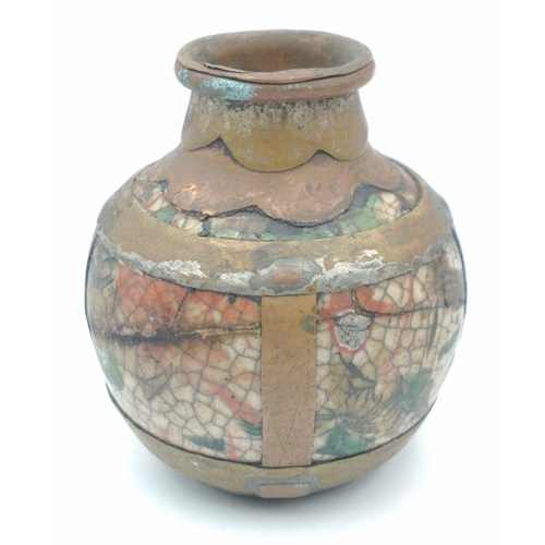 156 - AN OPIUM LOT! An ANTIQUE highly decorative ceramic opium pipe head in crackle-glaze with brass and c... 