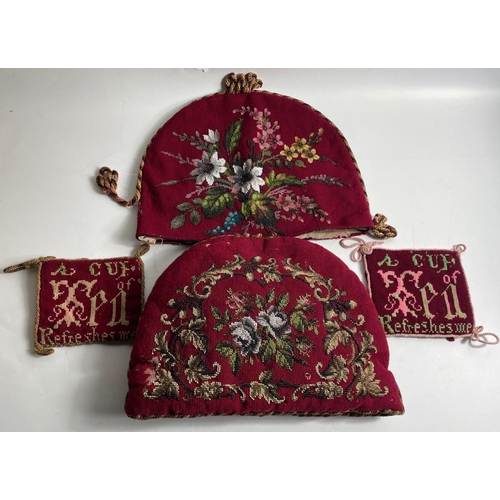 383 - Two VIBRANT handworked cross stitch TEACOSIES one well-insulated, both with intricate bead work appr... 