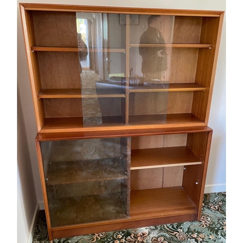 423 - A RETRO TEAK bookcase display cabinet or bookcase with sliding glass doors top and bottom length 4ft... 