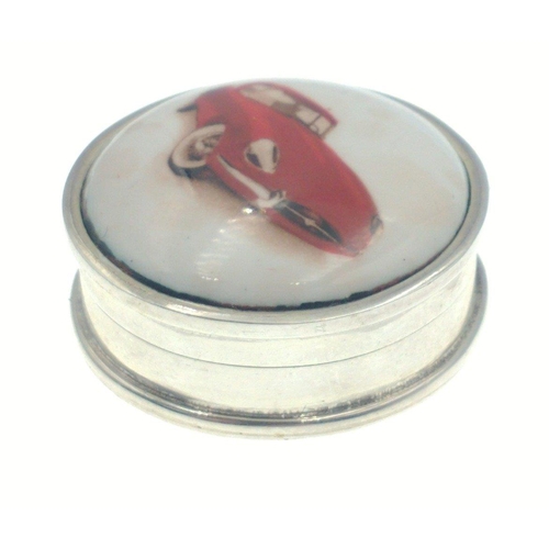 45 - Circular Enamelled 925 stamped small box with a Red E Type Jag picture on enamel.#54