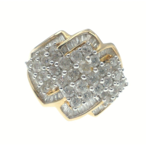 7 - 14K Yellow Gold Large Diamond set cluster ring. set with round and baguet cut stones. approx 2.5ct  ... 