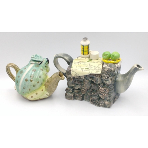 79 - Two unusual small TEAPOTS one of a orienteering picnic scene (15cm long), the other a frog (10cm lon... 