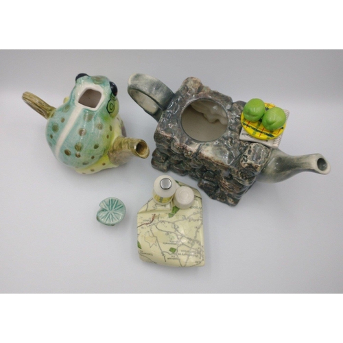 79 - Two unusual small TEAPOTS one of a orienteering picnic scene (15cm long), the other a frog (10cm lon... 