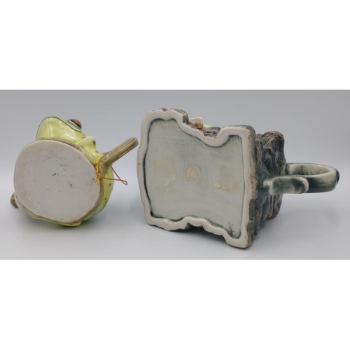 79 - Two unusual small TEAPOTS one of a orienteering picnic scene (15cm long), the other a frog (10cm lon... 