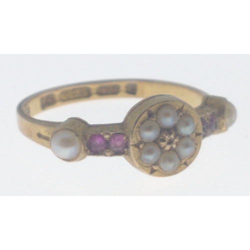1 - 625 stamped 15 carat yellow gold dress ring with small garnets and seed pearls inset weight 2.02g ri... 