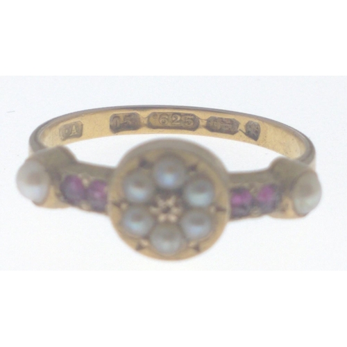 1 - 625 stamped 15 carat yellow gold dress ring with small garnets and seed pearls inset weight 2.02g ri... 