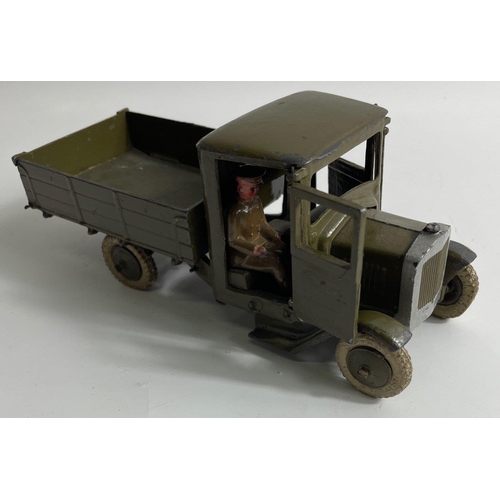 104 - QUITE RARE! Vintage Britains DIECAST ARMY LORRY 4 WHEEL TIPPER  with drop back tail gate and driver.... 