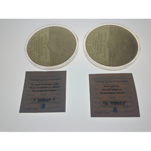 51 - Two large gold plated proof commemorative Winston Churchill 2014 coins, 'My tastes are simple' with ... 
