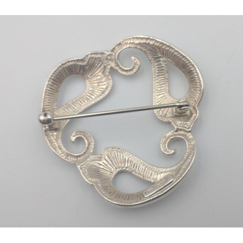 63 - Hallmarked Edinburgh 1990 silver OLA GORIE tri-leaf brooch with scrolling design. Hallmark partially... 