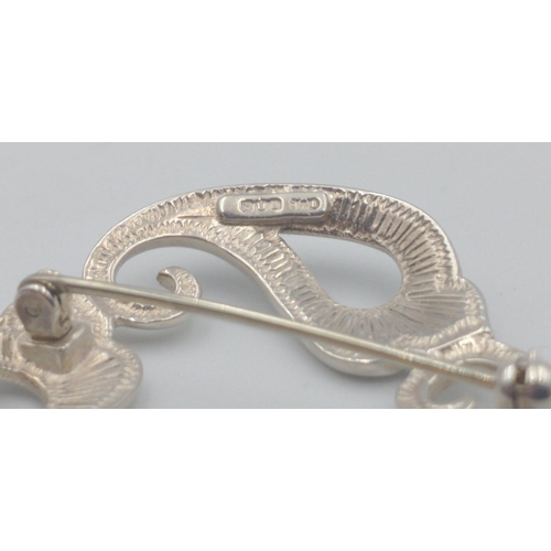 63 - Hallmarked Edinburgh 1990 silver OLA GORIE tri-leaf brooch with scrolling design. Hallmark partially... 