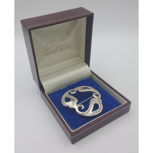 63 - Hallmarked Edinburgh 1990 silver OLA GORIE tri-leaf brooch with scrolling design. Hallmark partially... 