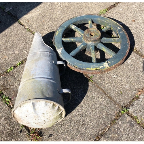 63 - An old galvanised coal scuttle 56cm high and a very old old wooden and iron wheelbarrow wheel? 50cm ... 