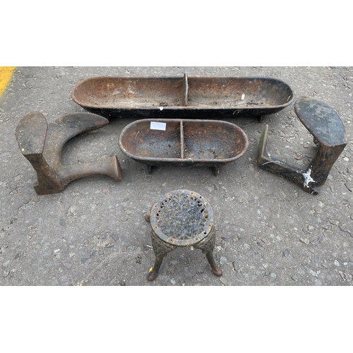 64 - 'ANY OLD IRON '!! Shoe lasts and old agricultural items troughs 70cm longest one and a small iron tr... 