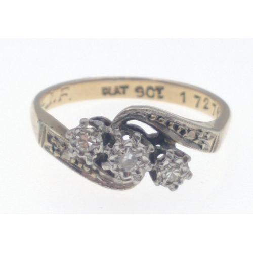 11 - 9ct stamped platinum set three cross-over diamonds ring size L weight gross 2.85g approx#12