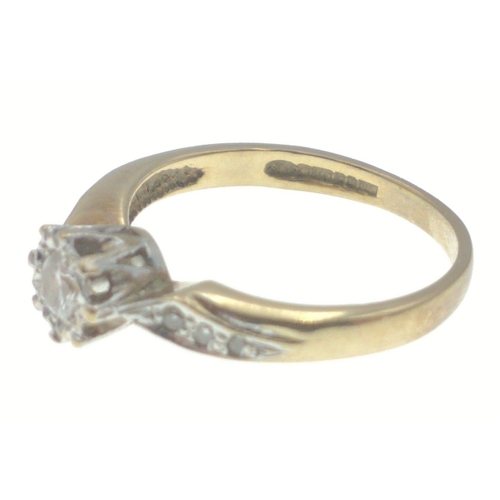 14 - 9ct Hallmarked yellow gold ring single stone illusion set with diamond shoulders, size J, weight gro... 