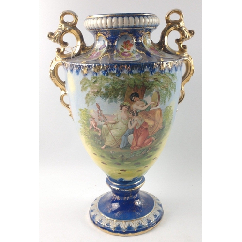 151 - Blue based 19th century URN VASE with double gilded handles and scenes of various Grecian ladies#174... 