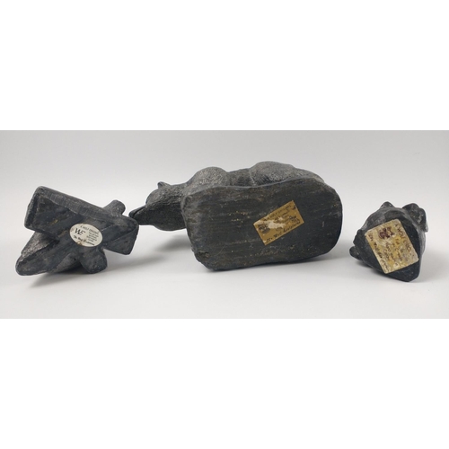 191 - Three pieces of WOLF SCULPTURES (Canada) soapstone figurines to include a bear (9cm approx), an owl ... 