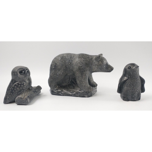 191 - Three pieces of WOLF SCULPTURES (Canada) soapstone figurines to include a bear (9cm approx), an owl ... 