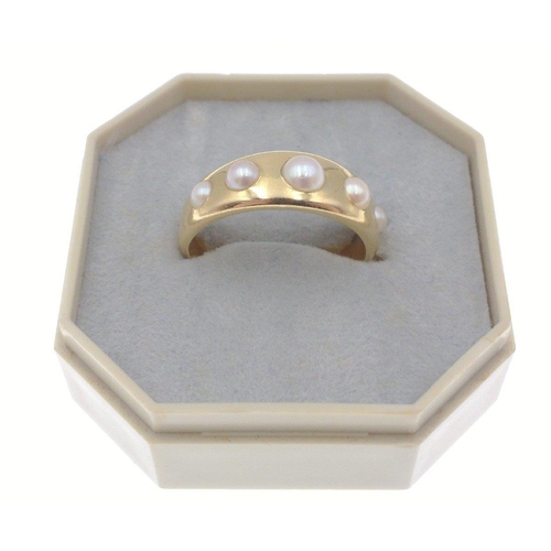 2 - An 18ct stamped Birmingham yellow gold ladies dress ring with five pearls inset gross weight 4.92g a... 