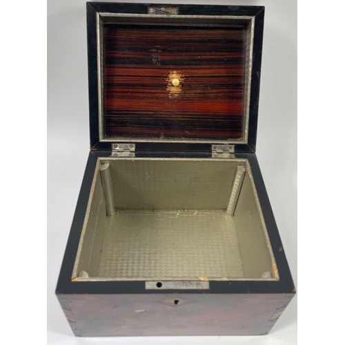 251 - ELEGANT TEA CADDY, silver foil lined with inner lid, edges cross banded with dark wood and mother of... 