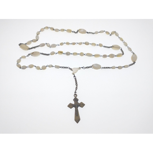 30F - A VINTAGE USA made set of Mother Of Pearl ROSARY BEADS with a yellow metal crucifix 36cm length (dou... 