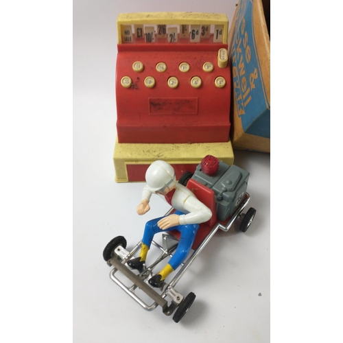 334 - A mixed box of play-worn model soldiers and animals plus a child's cash register with 'old money' bu... 