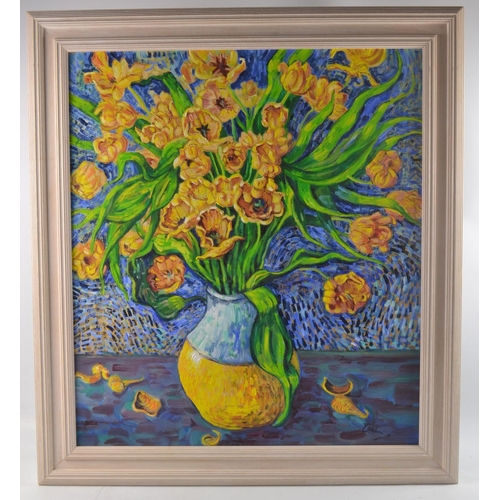 359 - RODERICK LAKIN MBE (d2015) 'Vase Of Flowers' still life oil on board 65cm x 58cm. Condition Report: ... 