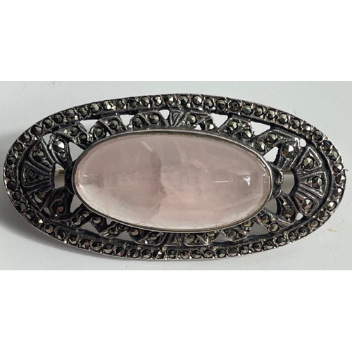 51 - Two pretty hallmarked brooches one MARCASITE, with pinkish stone, is 4cm long gross weight 8.24g, th... 