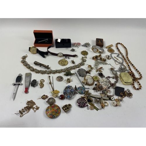 66 - A GLORIOUS JUMBLE OF COSTUME JEWELLERY to include necklaces, brooches, barcelets, cufflinks, watches... 