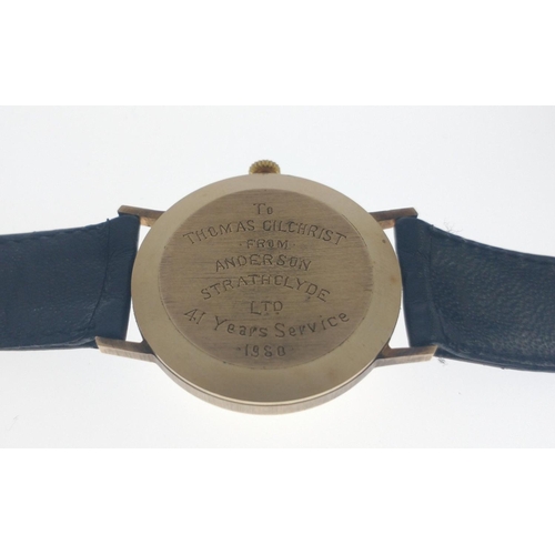 73 - A MARVIN REVUE 9ct gold cased watch with brushed brass face. Back cover weighs approx 2.9gm. Movemen... 