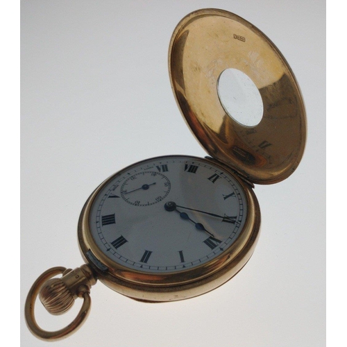 77 - LOVELY QUALITY! A 375 stamped case Half Hunter yellow gold pocket watch stamped also ALD - the watch... 