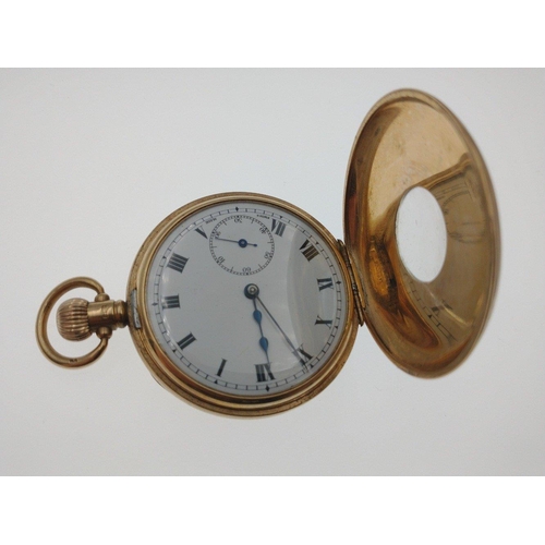 77 - LOVELY QUALITY! A 375 stamped case Half Hunter yellow gold pocket watch stamped also ALD - the watch... 